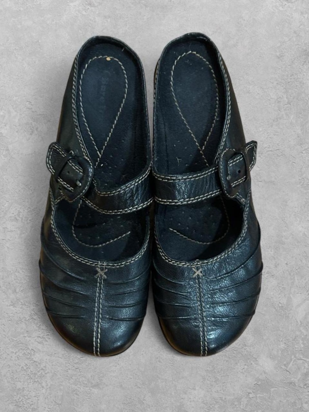 Vintage Black leather Mary Jane Comfort mini heel clog with Buckle Strap